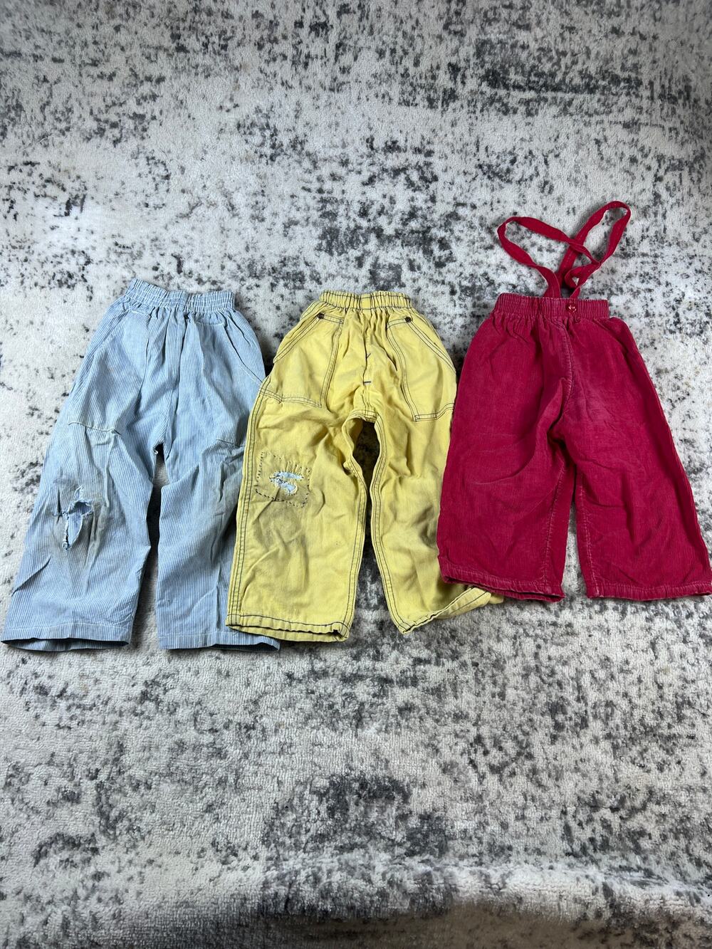 Vintage 1960s Kids Overall Pants Red Blue Yellow Distressed Thrashed Patchwork